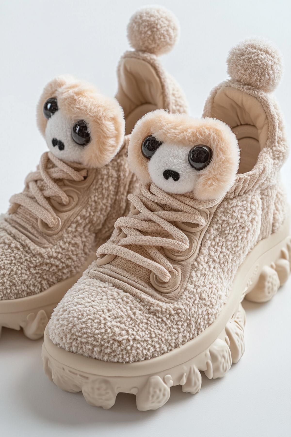 Plush sneakers designed in the style of large soft toys. The top is made of soft, pleasant to the touch material with plush ears and eyes, like those of animals. Laces are soft ropes with pom-poms at the ends. The sole is also plush, with small pads on the sole that create a bounce effect.