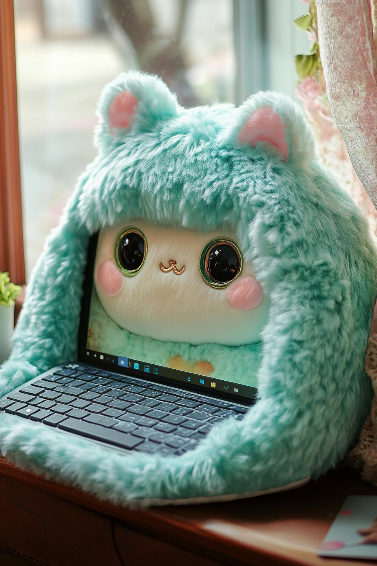 A plush laptop with fuzzy, soft keys and a plush bezel around the screen. The screen is also made of soft material, reminiscent of a plush toy. Inside there are cute plush animations. The is soft and covered in plush with decorative stitches that create the illusion of pillows.