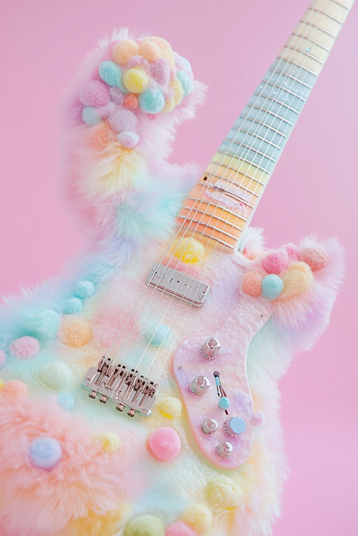 A plush guitar with soft strings, the is completely covered in fluffy material, painted in different pastel colors. The neck is shaped like a long, plush animal, and the tuners are decorated with miniature plush pom-poms. When playing, there is a gentle, muffled sound, as if they are playing on soft waves.