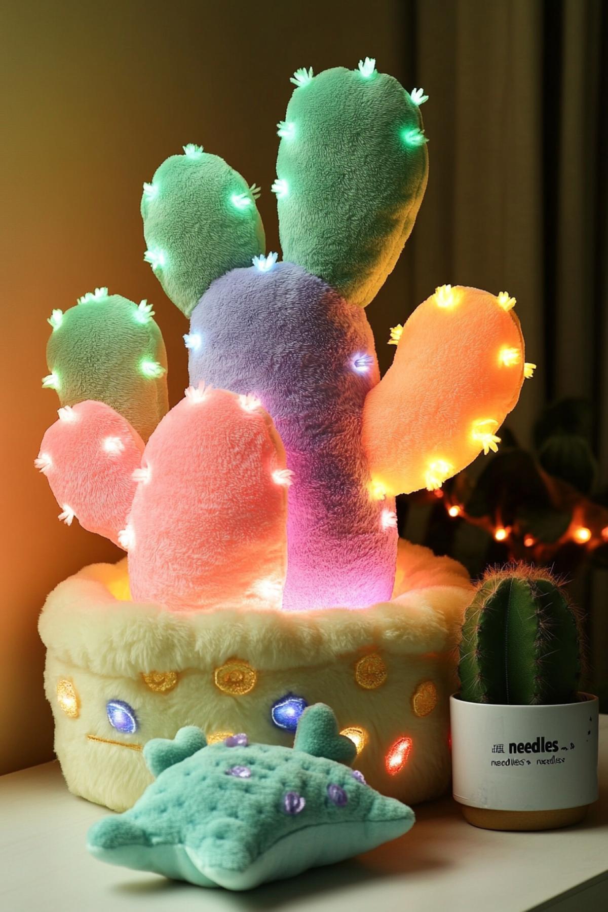 A plush lamp in the shape of a large soft cactus, with soft \"needles\" and a pillow-shaped pot. When the lamp turns on, the light gently passes through the fabric, creating a cozy glow. Small plush flowers hang on the \"needles\" and glow in different colors, like garlands.