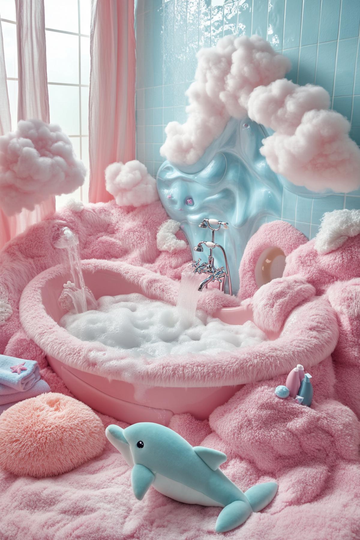 A plush bathtub, all covered with a soft, long-pile fabric, inside fluffy, voluminous waves, like inflatable toys. The taps are shaped like plush dolphins, with cloud-like soap suds flowing out of them. There are large plush sponges and towels scattered around.