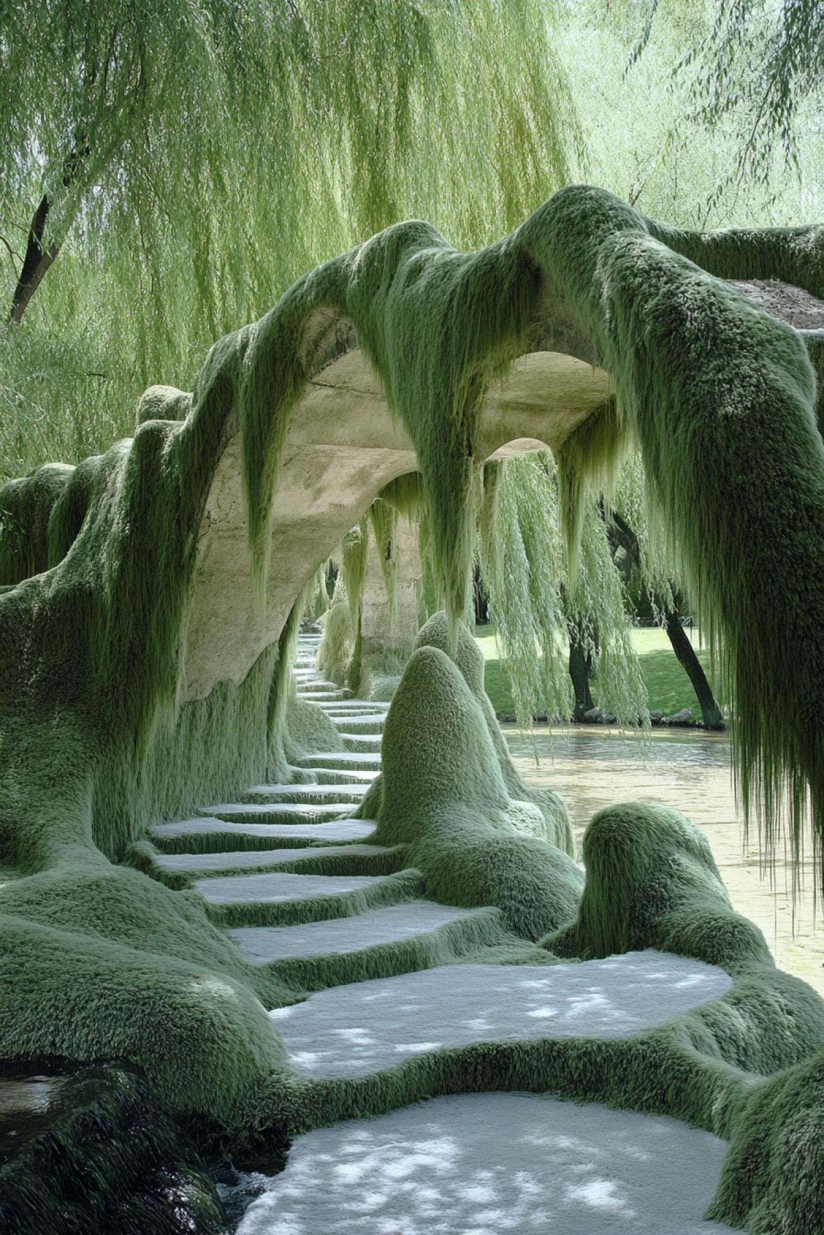 A plush bridge over a river in a large park, made of soft arches and handrails, with a path of thick plush puzzle-like pieces. Long plush vines hang down the sides of the bridge, creating the appearance of a living plush garden. Under the bridge are plush stones in the shape of animals.