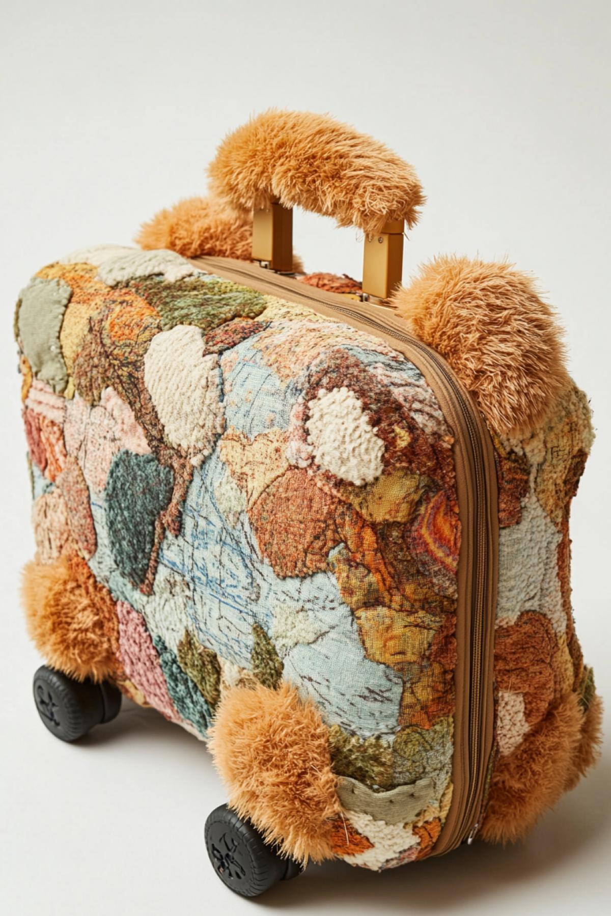 A plush rolling suitcase covered in soft fabric patterns inspired by maps. The handle is shaped like a plush tail, and the wheels themselves are like soft animal paws.