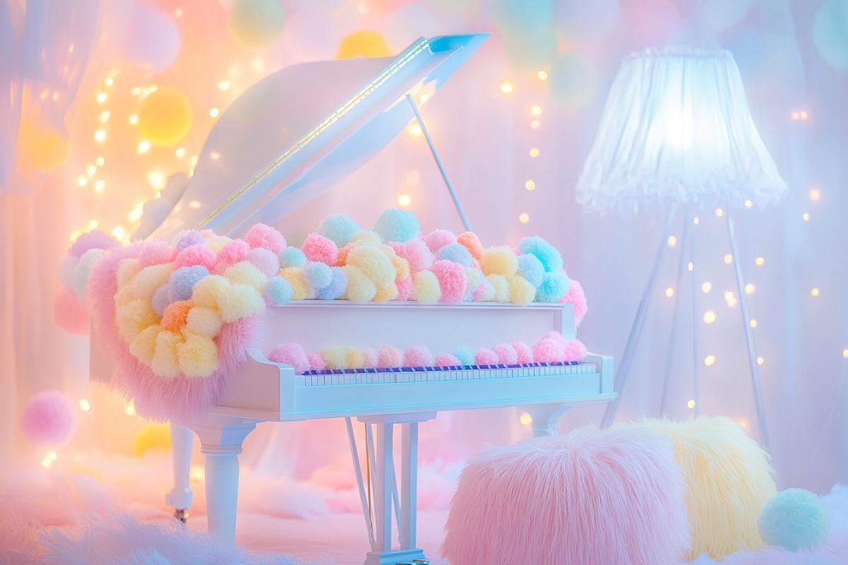 Plush grand piano with soft keys, the is completely covered with fluffy material, painted in different pastel colors. decorated with miniature plush pom-poms. Next to it is a plush fluffy floor lamp, emitting soft light. Delicate background, bokeh