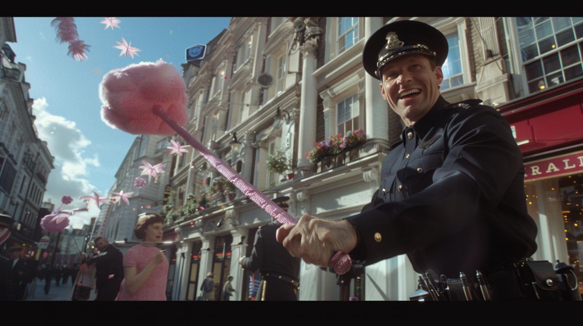In the foreground, a smiling English constable is swinging a pink plush baton, Bond Street London, the atmosphere of England, high quality, first-person view of the person he is swinging at