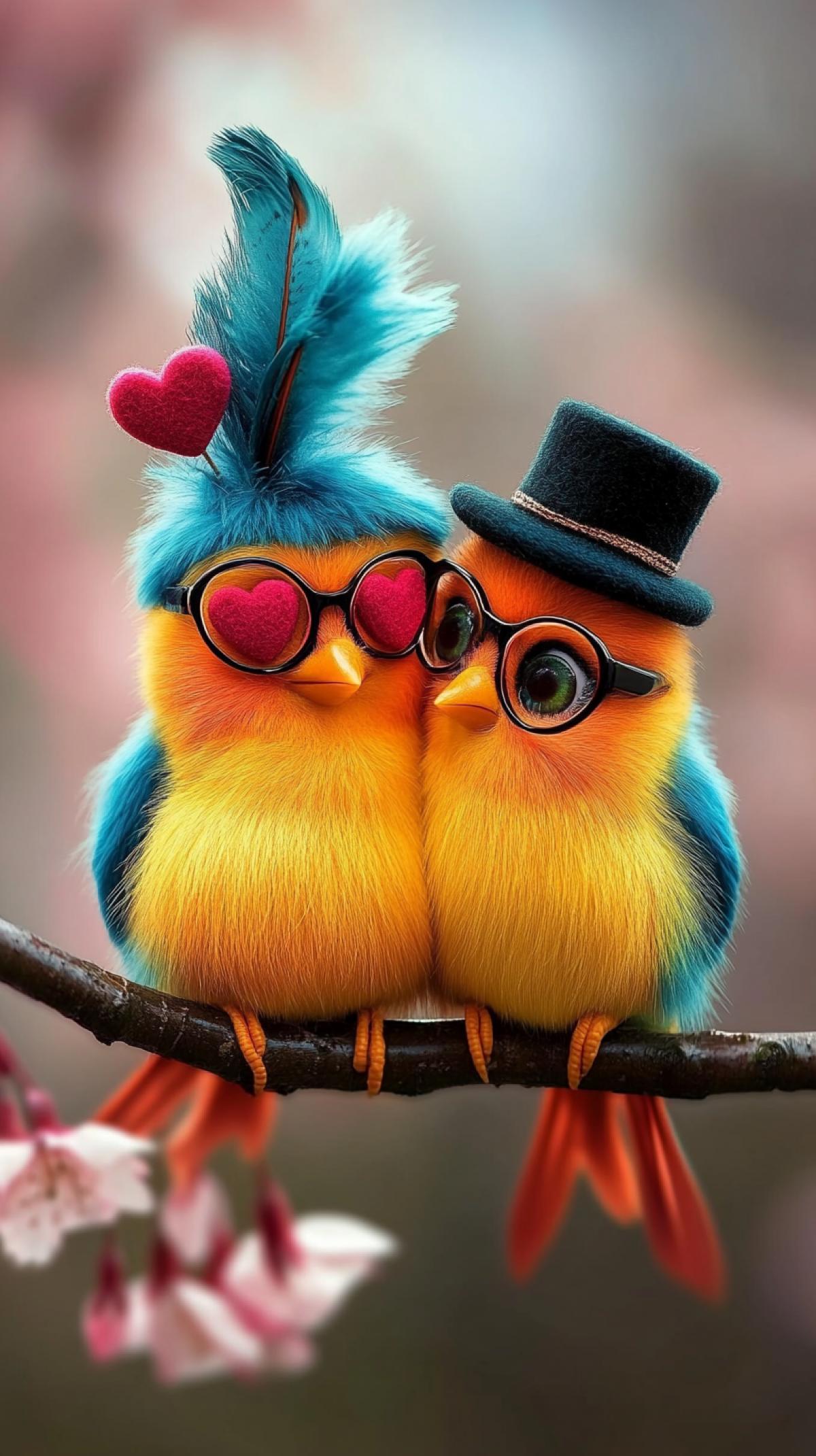 Stunning image of two absolutely adorable whimsical fluffy rainbow colored chubby birds with glasses, silly expressions, felted hearts, crazy wild feathers sticking up on head, one of the birds has on a top hat, so cute, they are fancy, they are chatting with each other in a cherry blossom tree, stunning scenery, cuteness overload, precious, centered, expressive, cute and adorable, mixed media, fuzzy, collage, humorous, funny expression, crazy adorable creature sculpture, 3D