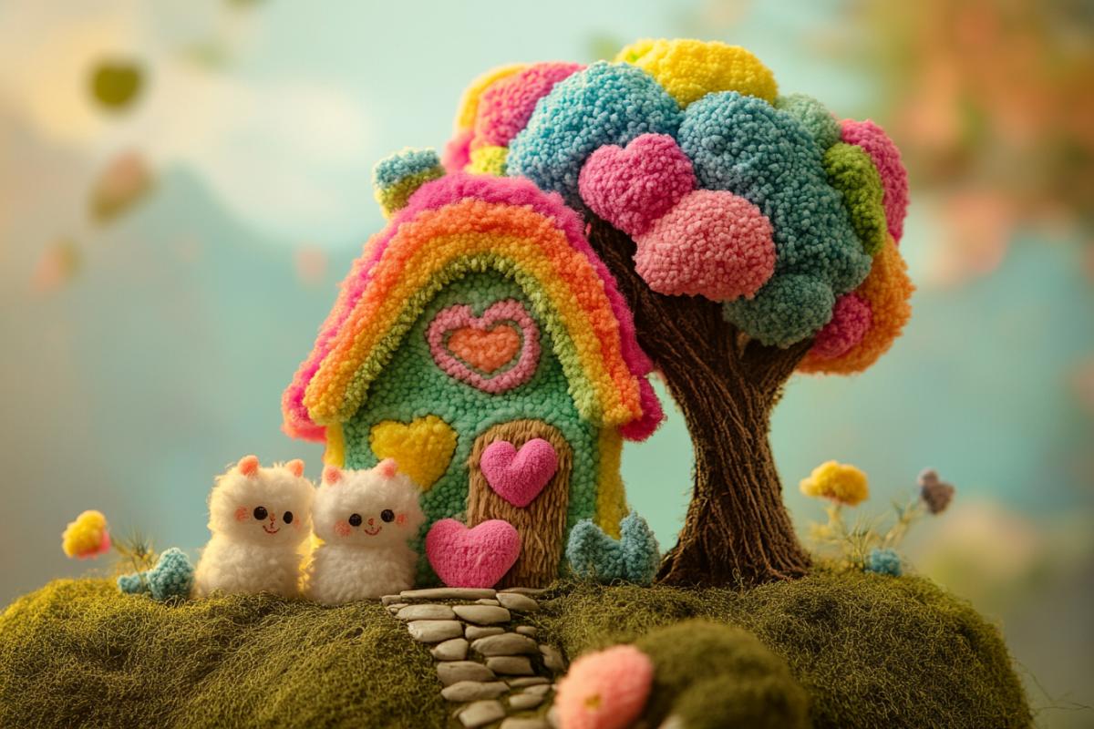Stunning image of two absolutely adorable, quirky, fluffy rainbow house and tree made of colorful plush, plush hearts, stunning scenery, cuteness overload, plush, precious, focused, expressive, cute and adorable, mixed media, furry, collage, crazy adorable sculpture, 3D