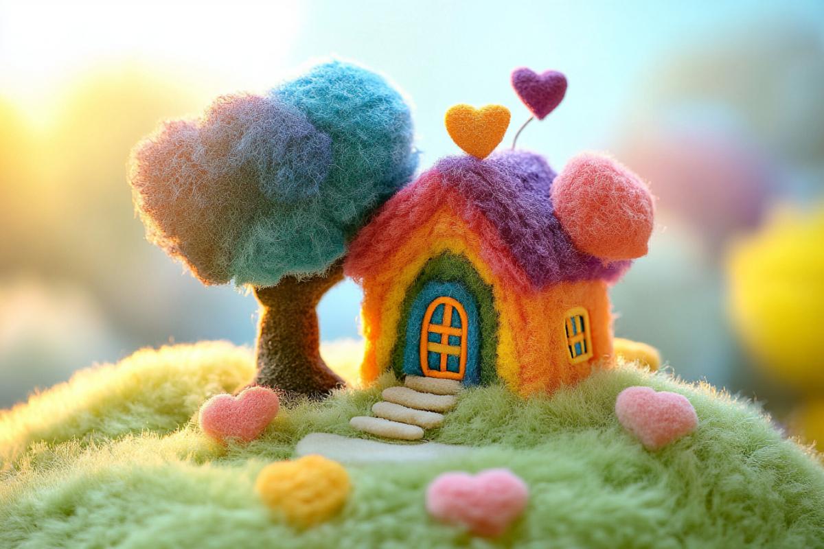 Stunning image of two absolutely adorable, quirky, fluffy rainbow house and tree made of colorful plush, plush hearts, stunning scenery, cuteness overload, plush, precious, focused, expressive, cute and adorable, mixed media, furry, collage, crazy adorable sculpture, 3D