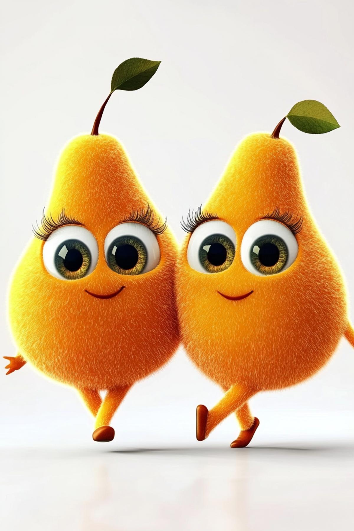 Adorable, lovable 3D rendering of cute fluffy bright orange dancing 2 pears. They have brilliant white eyes with large dark pupils and long fluffy eyelashes. The overall design is ideal for those who appreciate charming, unique and eye-catching digital art. On a white background.
