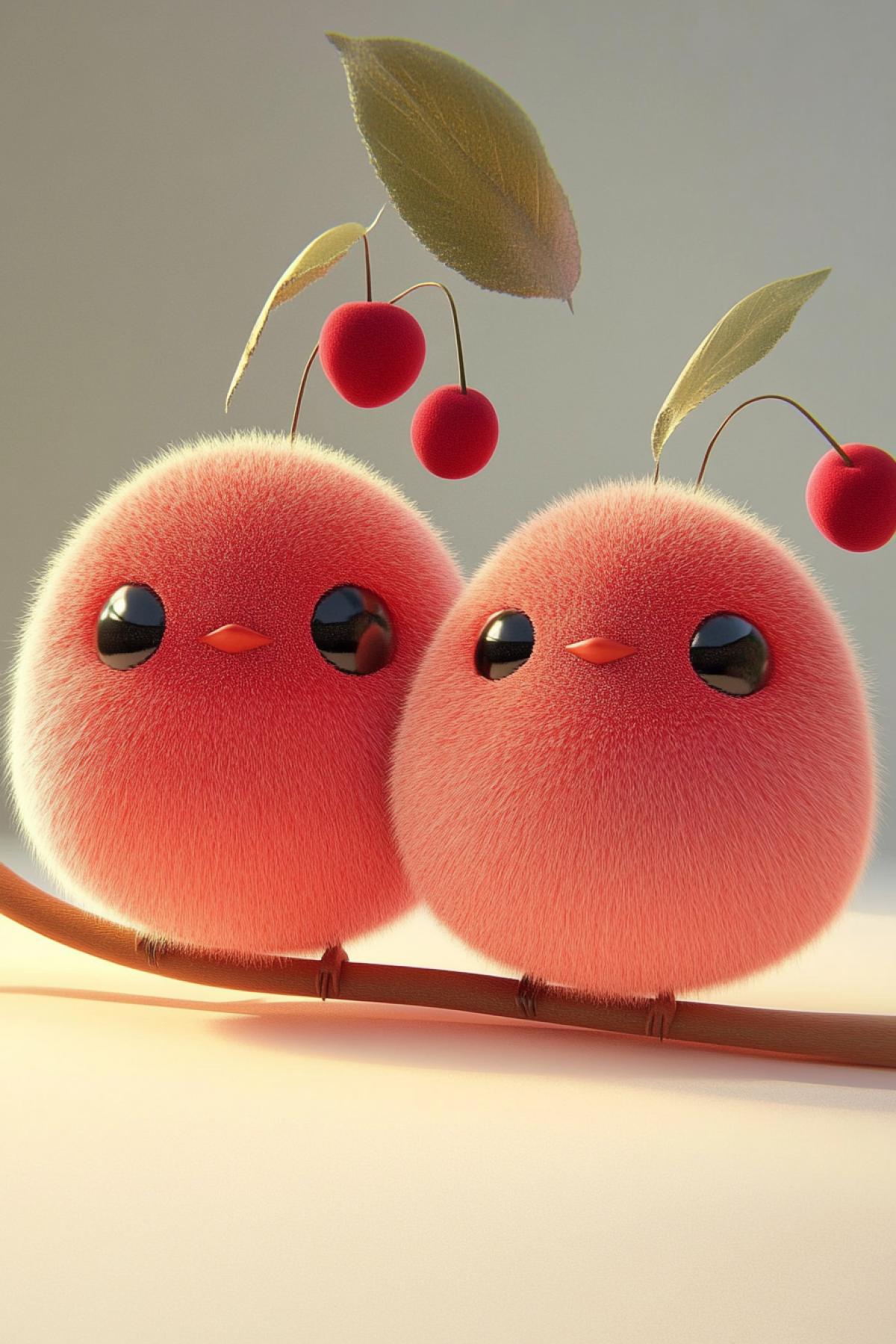 Cute two felt wool cherry birds dark round eyes and blush solid soft background bright colors cute style front view macro studio lighting hyperrealistic photography ultra detail depth of field 8k, c4d