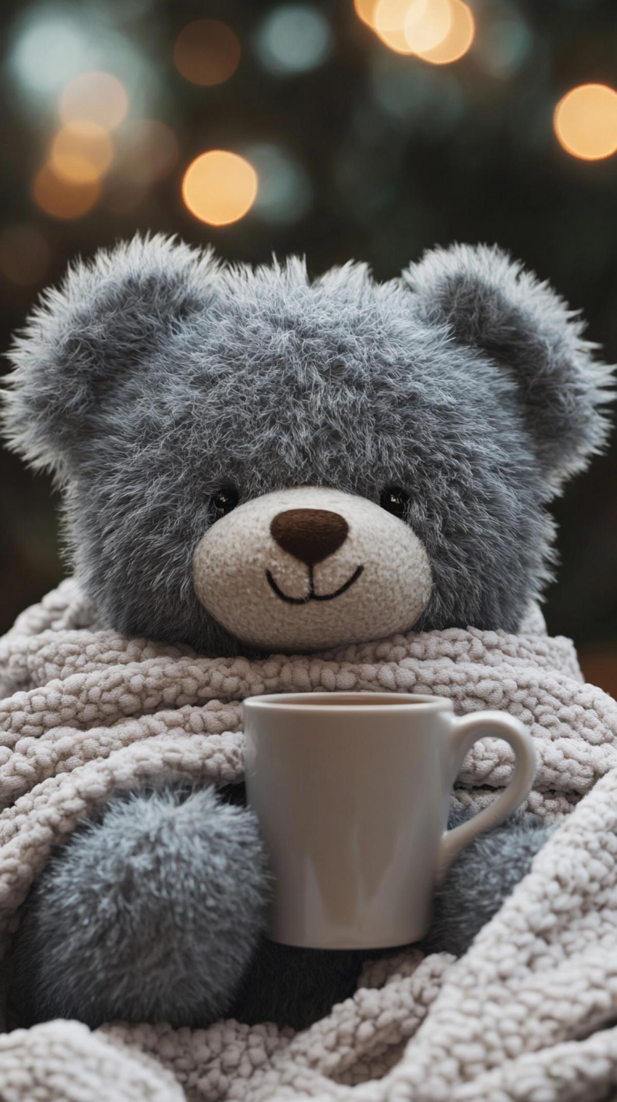 Close-up of a teddy bear wrapped in a blanket with a cup of coffee, Adam Marcinski, Shutterstock, gray fur, relaxes and smiles at the camera, realistic scene, kawaii cute plush bear, stock photo