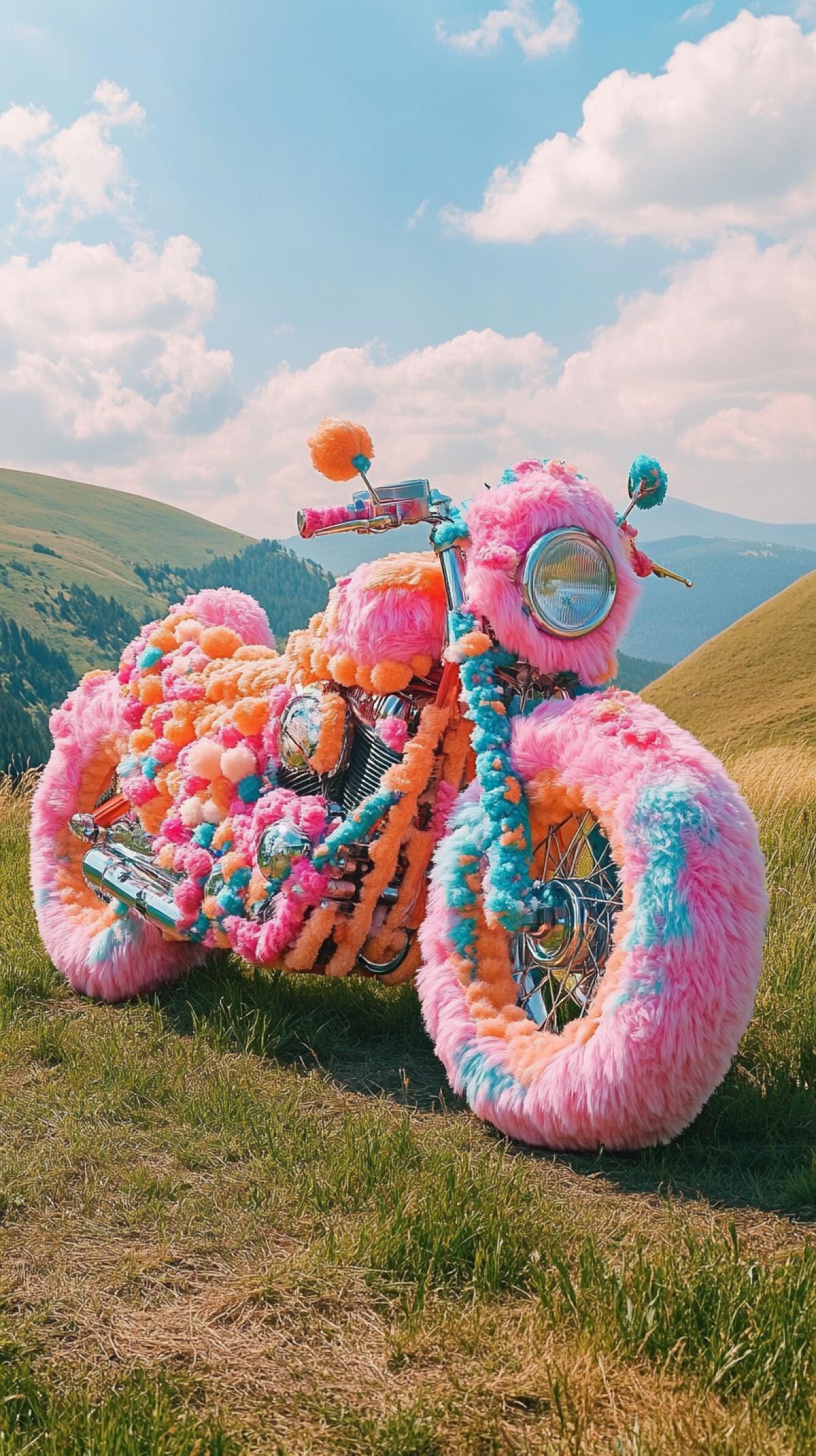 Motorcycle made of bright plush, plush wheels with pompoms, against the background of a cozy landscape of plush hills and fields