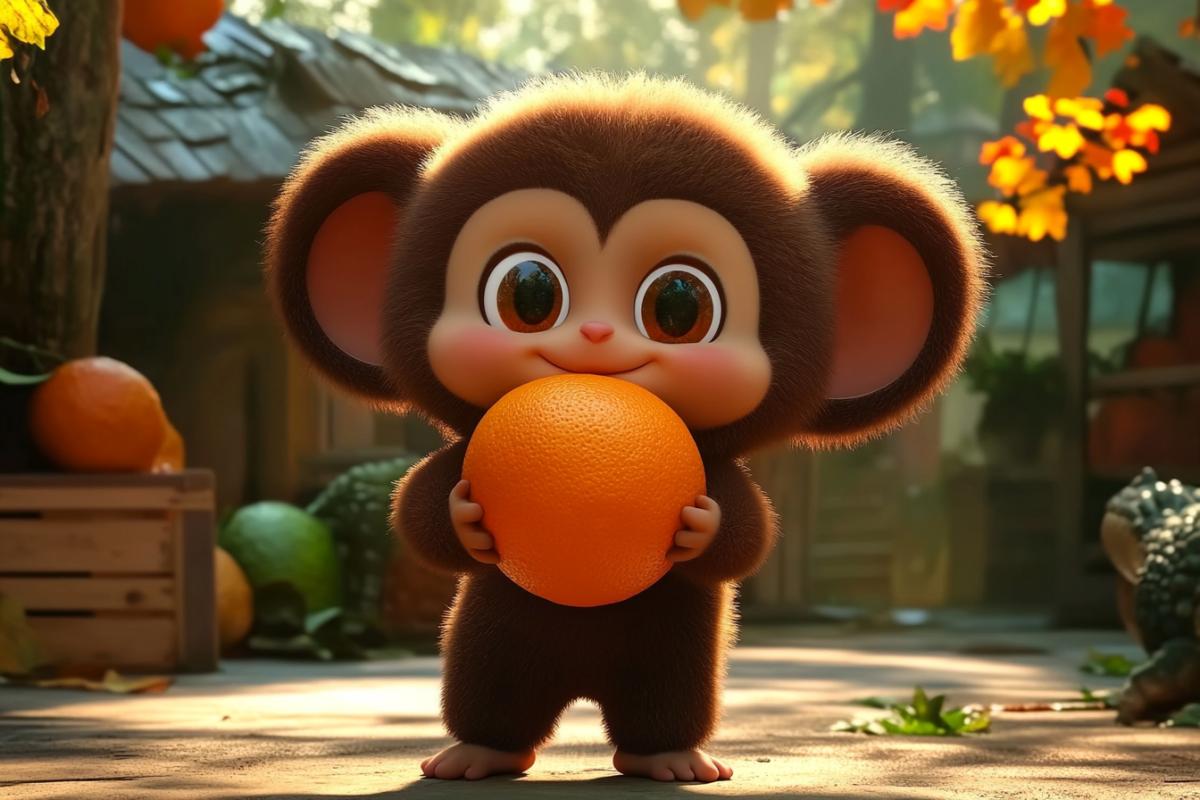 fluffy cheburashka holds mandarin in his hands, big ears, very large ears, giant ears cheburashki, incredibly fluffy fur, against the background of the old russian village, against the background of a crocodile