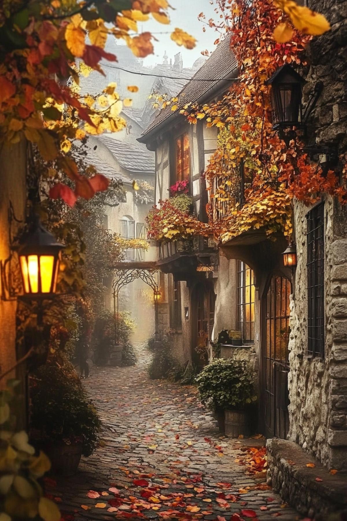 🟥 A narrow street of an old European city, where every house is decorated with autumn garlands of bright leaves and branches that hang from roofs, balconies and windows. Leaves gather in the form of arches and gates, and light autumn mists glide along the sidewalk. An atmosphere of magic and warm comfort permeates the space.