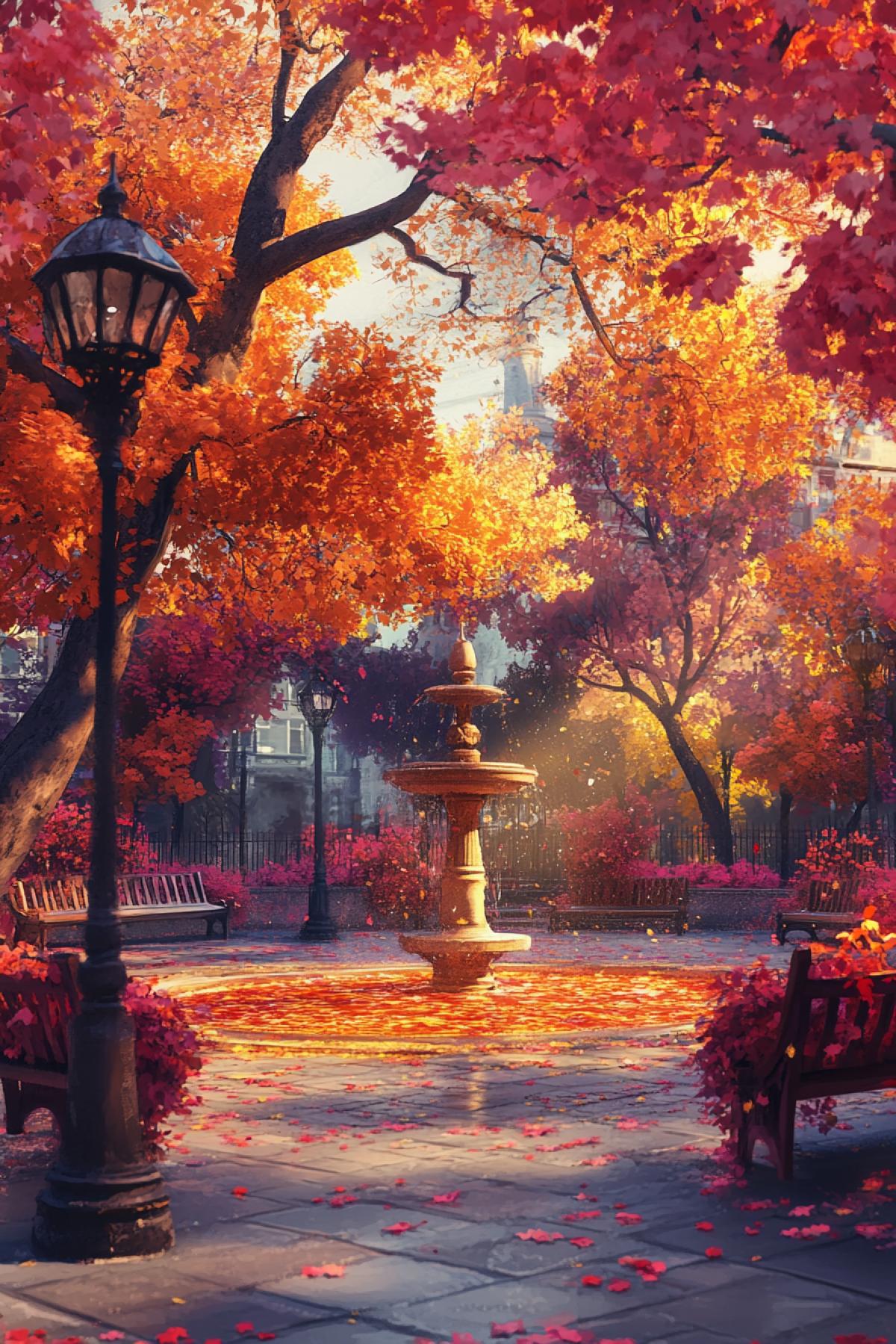 🟥A city square where the trees have shed their leaves and they formed colorful, flaming carpets on the ground. Benches and lamp posts are woven from branches with colorful leaves. The ancient fountain in the center of the square is surrounded by fluffy autumn wreaths, and the water inside shimmers with gold and ruby hues, like liquid amber.