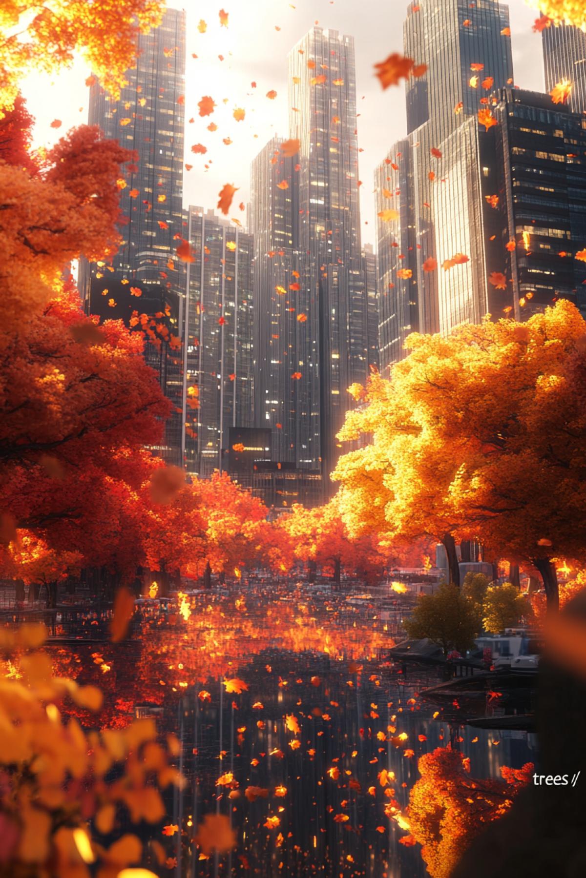 🟥 Visualization of a metropolis where modern skyscrapers look like giant trees covered with golden and red leaves. Their facades reflect the sun and play in bright autumn colors, creating the impression that the buildings themselves have become part of the autumn forest. The leaves falling from these \"trees\" slowly fall off and appear to turn into glowing orange sparks.