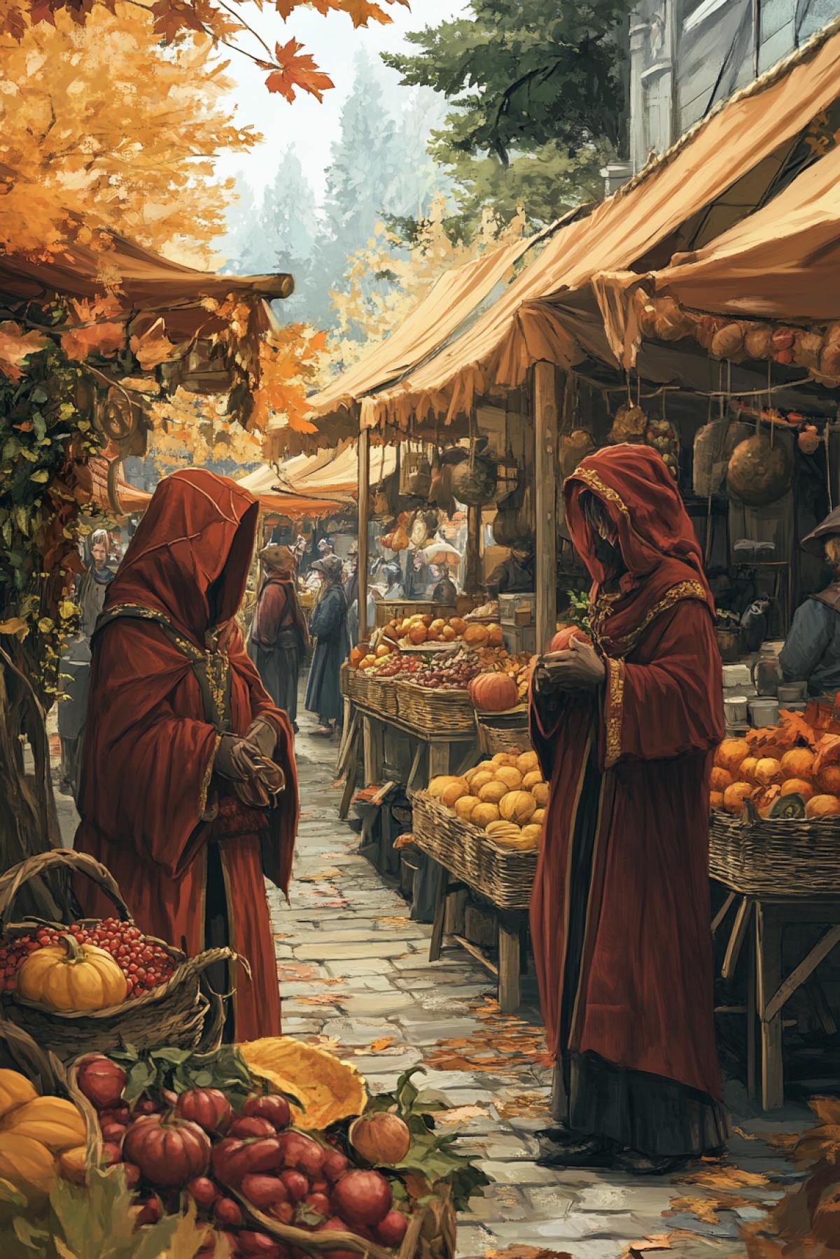 🟥A ling city market in autumn style, where stalls are made of wicker branches intertwined with gold and crimson leaves. Sellers in orange-red cloaks with hoods decorated with rowan branches and maple leaves. The smell of fresh autumn fruits, herbs and hot drinks wafts through the air, adding a vibrant richness to the scene.
