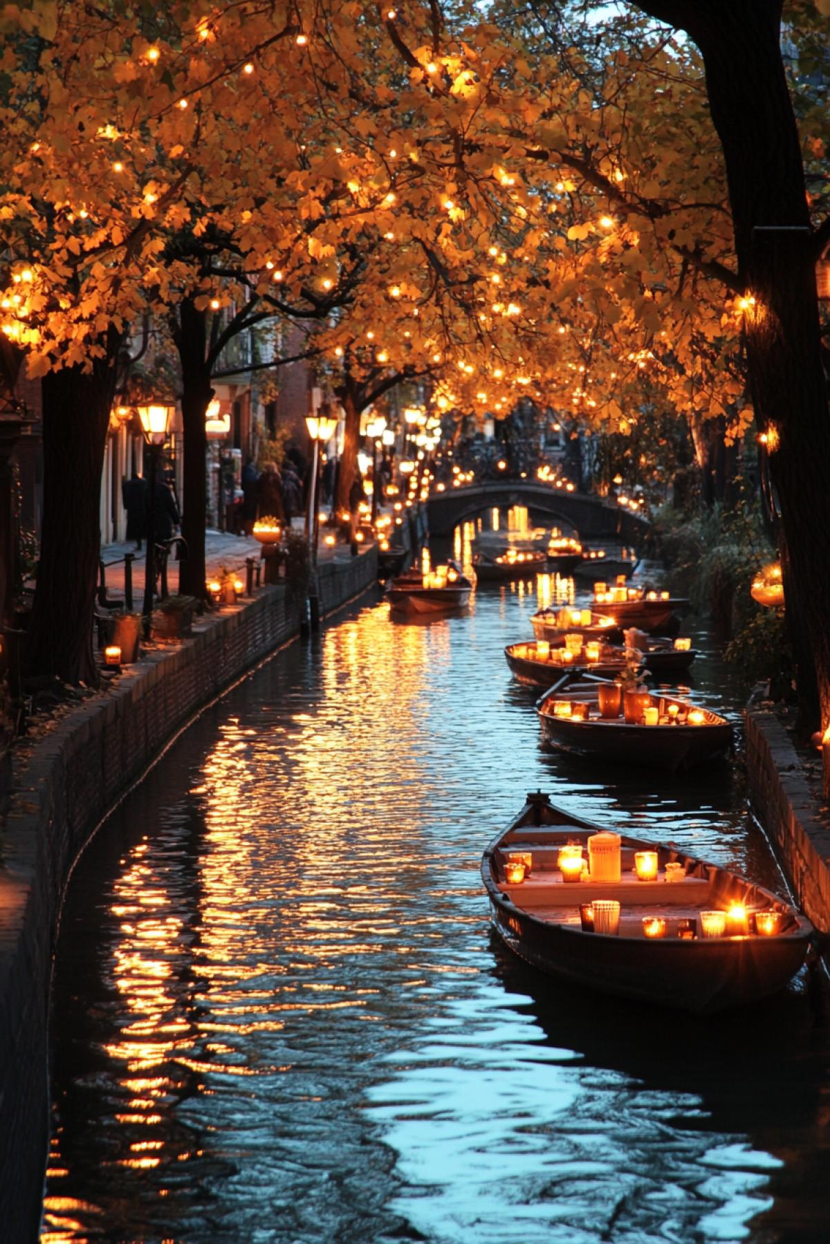🟥 City canals, where the water, instead of the usual one, reflects autumn leaves, as if it itself had become a liquid of maple syrup and honey. Small boats decorated with burning candles float along the canal, and lamps in the shape of acorns and detailednuts are placed along the banks, creating a magical and cozy atmosphere of an autumn night.