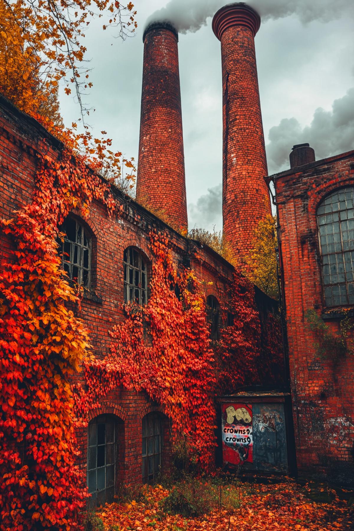 🟥 An abandoned industrial area, where old factories and warehouses have \"grown\" like an autumn forest. The brick walls are covered with a carpet of moss and ivy, painted in vibrant red-orange colors. big chimneys, previously belching smoke, now stand like bizarre tree trunks, and their tops are covered with thick \"crowns\" of branches and leaves.