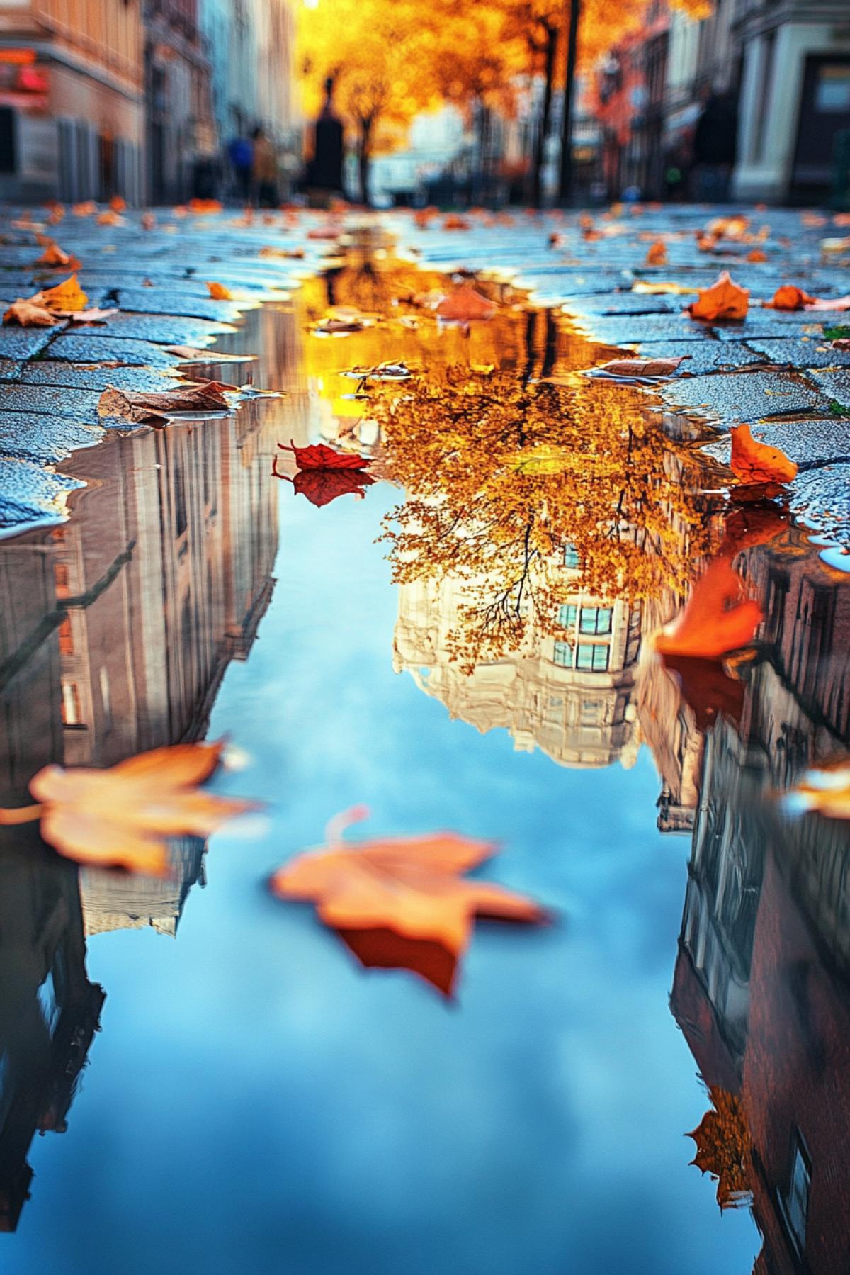 Reflection of autumn Indian summer city in puddle with floating autumn leaves