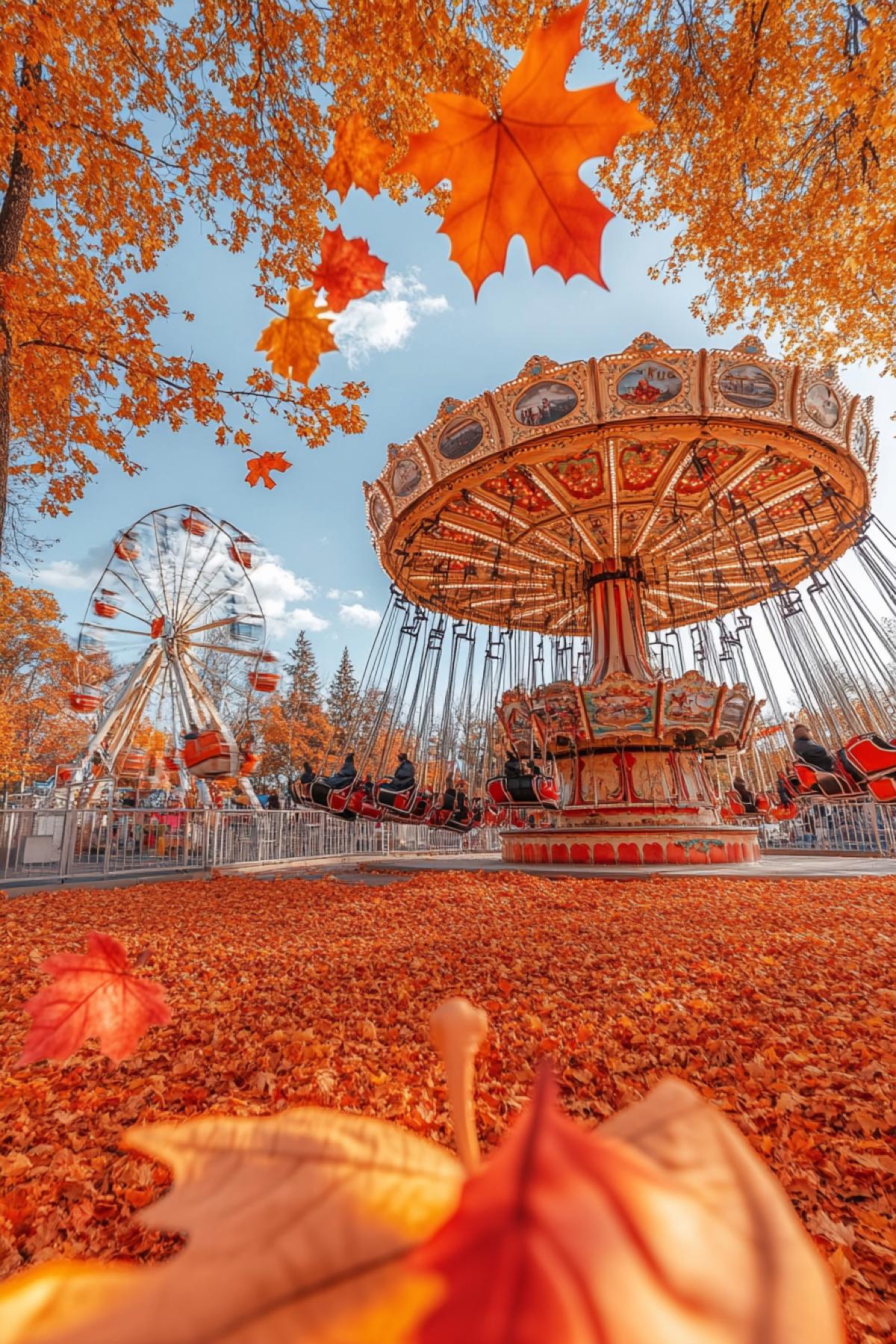 🟥 An amusement park where all the carousels, Ferris wheels and other attractions are made in the form of big autumn leaves, acorns and pumpkins. As the carousels spin, they scatter colorful leaves and nuts into the air, and Ferris wheels look like giant maple leaves that lift visitors above the autumn horizon.