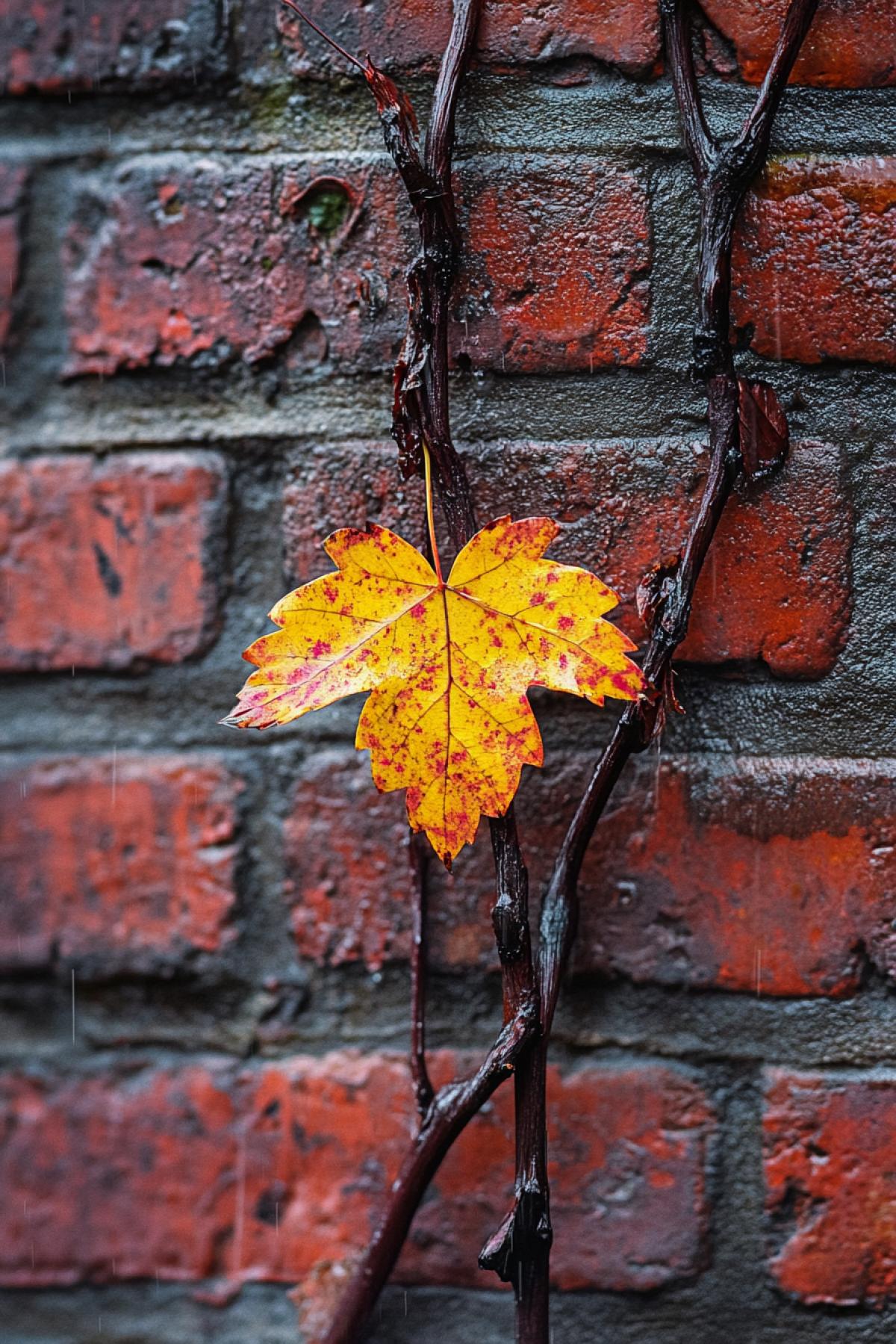 Vine upon brick wall with one last autumn leaf on it drizzling rain