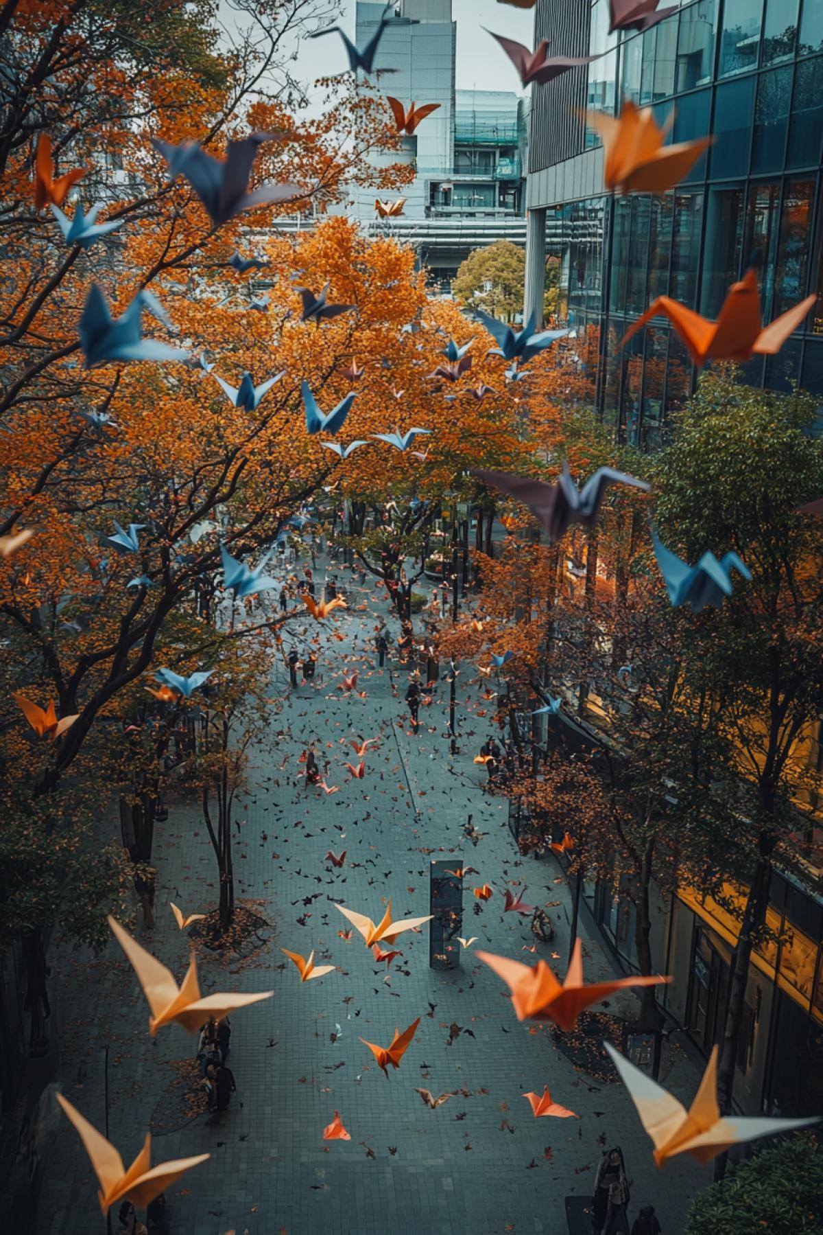🟥 A city square where trees shed not leaves, but giant paper cranes in all shades of autumn. They float in the air and softly land on sidewalks and rooftops, creating the feeling that nature itself is writing its autumn poem. Residents of the city collect cranes and hang them on their windows, creating a common city installation.