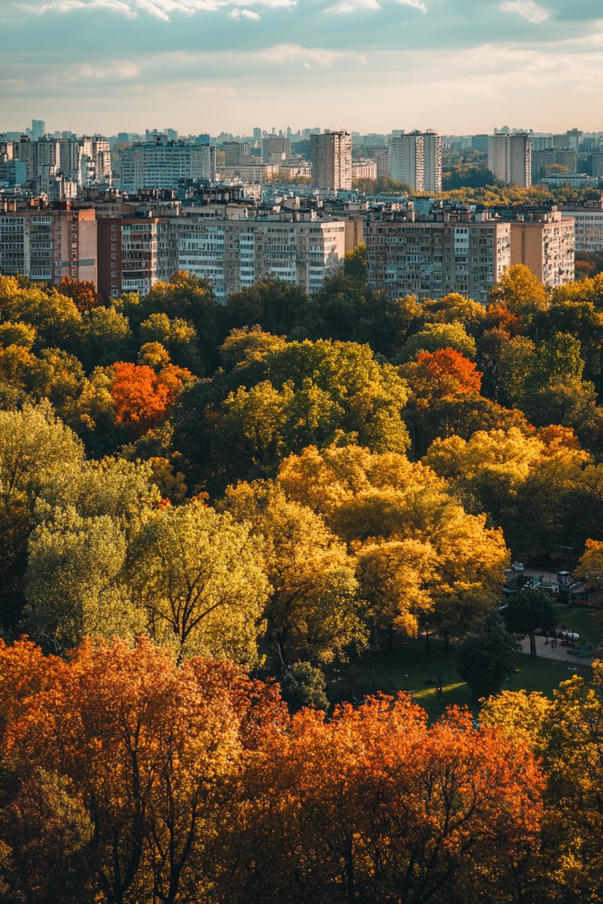 Panoramic photo of Indian summer city with plenty of thick parks and lots of trees brought autumn colours last sunny day birds-eye view out of focus