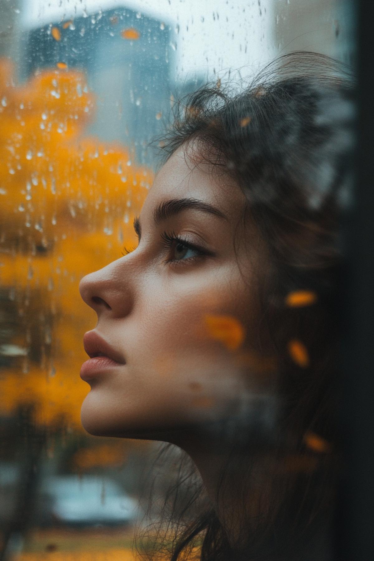 Reflection of 25yo sad beautiful girl in window glass looking out at Indian summer city yellow trees rainy day loneliness sorrow