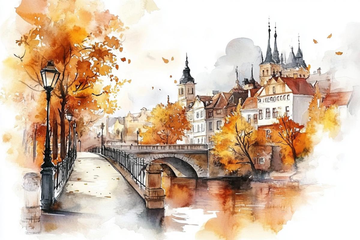 Watercolor miniature sketches of an autumn city, in a white blurred border, with streets and bridges, in autumn