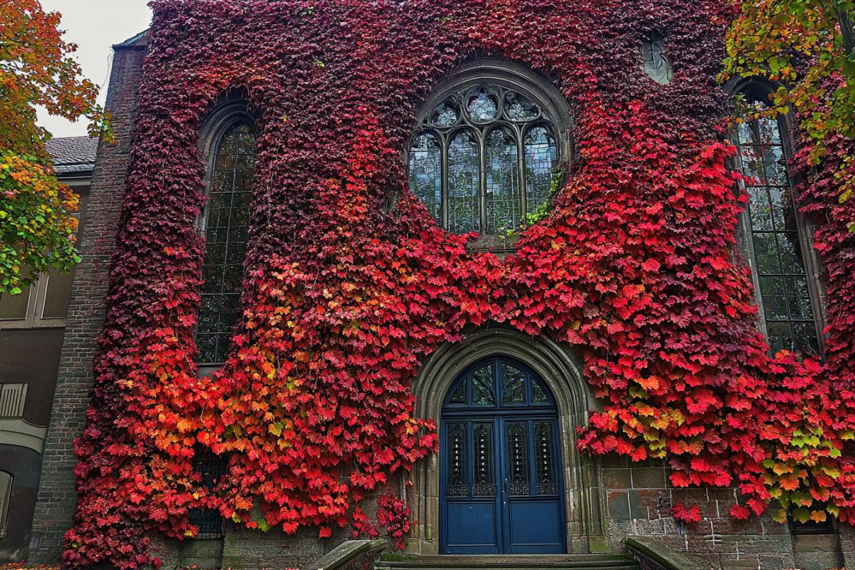Bright autumn, on a large ancient building, the windows and doors are entwined with red, burgundy leaves of a climbing shrub, above the front door. A large round window in Gothic style architecture, divided by a figured frame into parts in the form of a red blossoming flower with symmetrically arranged petals and glazed with stained glass. Romanesque style, usually on the facade of the main, longitudinal nave, quite high above the entrance doors and providing the interior of the temple with abundant lighting. The door is blue. Gray cat on the porch