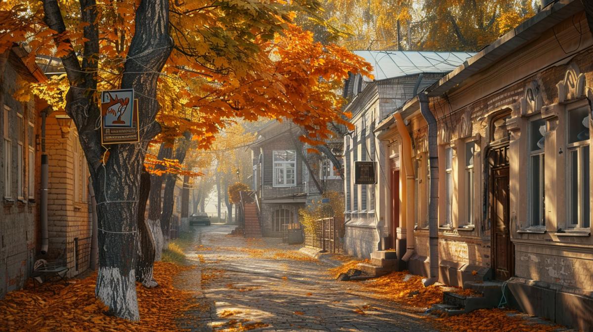 Autumn street of a provincial old Russian town with yellowed trees, warm autumn sun, an atmosphere of peace and tranquility, maximum details