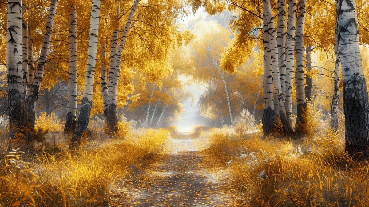 A path to an autumn pond through tall trees whose yellow branches make an arch over the road, autumn mood, yellow grass and leaves, high quality photography,