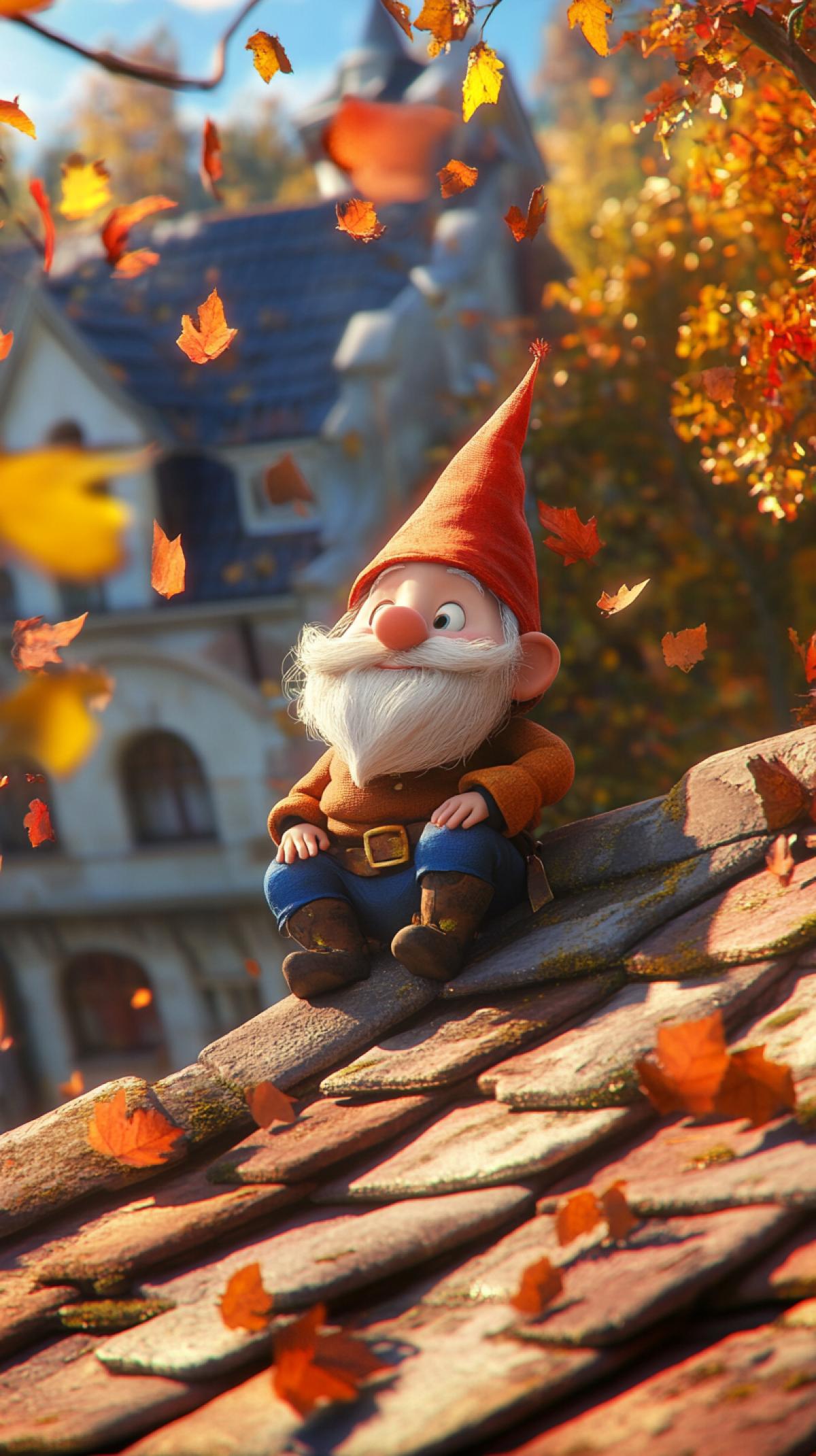 beautiful cartoon character in Disney style magic gnome, bright, abstract, colorful, hyper-detailed, autumn background, molecular, breathtaking beauty, sitting on the tiled roof of an old town house, volumetric light, high detail