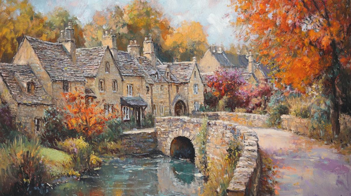 Impressionist pastel painting depicting an idyllic scene of Castle Combe in the Cotswolds countryside, in soft autumn light. Picturesque and beautiful autumn landscape depicting an English rural town with stone houses along a stream, with a small arched stone bridge over the stream. Bright pastel colours, delicate brush strokes Soft tones. Painting in the style of Stephen Shortridge, Brent Hightonnage and John Twachtman. dark colours stylised 750