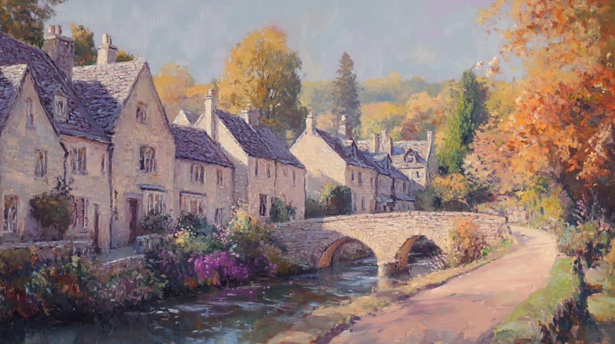 Impressionist pastel painting depicting an idyllic scene of Castle Combe in the Cotswolds countryside, in soft autumn light. Picturesque and beautiful autumn landscape depicting an English rural town with stone houses along a stream, with a small arched stone bridge over the stream. Bright pastel colours, delicate brush strokes Soft tones. Painting in the style of Stephen Shortridge, Brent Hightonnage and John Twachtman. dark colours stylised 750