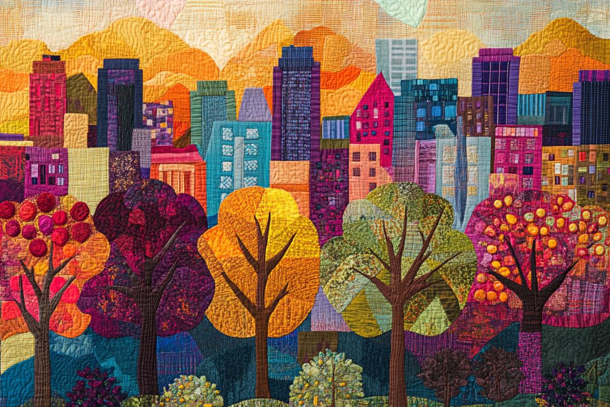 Pano, applique, patchwork, early autumn, Indian summer, city, bright colors, diamond chips, 5d, depth, high detail