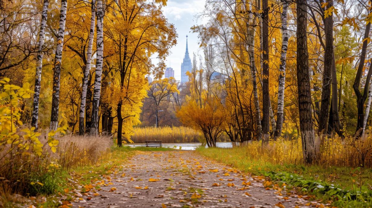 A path to an autumn pond through tall trees whose yellow branches make an arch over the road, autumn mood, yellow grass and leaves, in the background the Moscow City tower, high quality photograph of a park in a modern Russian city,