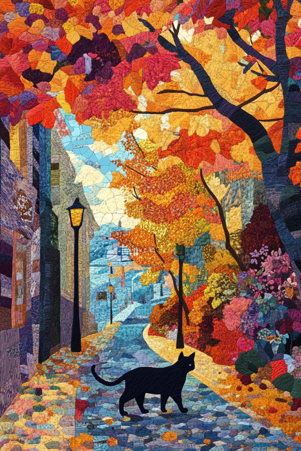 Pano, applique, patchwork, early autumn, city, and a dark cat walking along the street, bright colors, diamond chips, 5d, depth, high detail