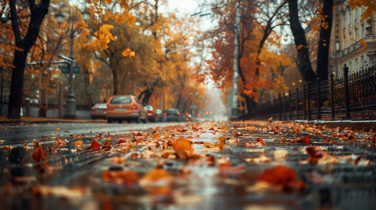 Rainy Russian cityscape, immersed in the beauty of autumn colors. Maximum options: streets, parks and buildings surrounded by gold, red and orange leaves, reflecting the mood of autumn, 4K quality photos