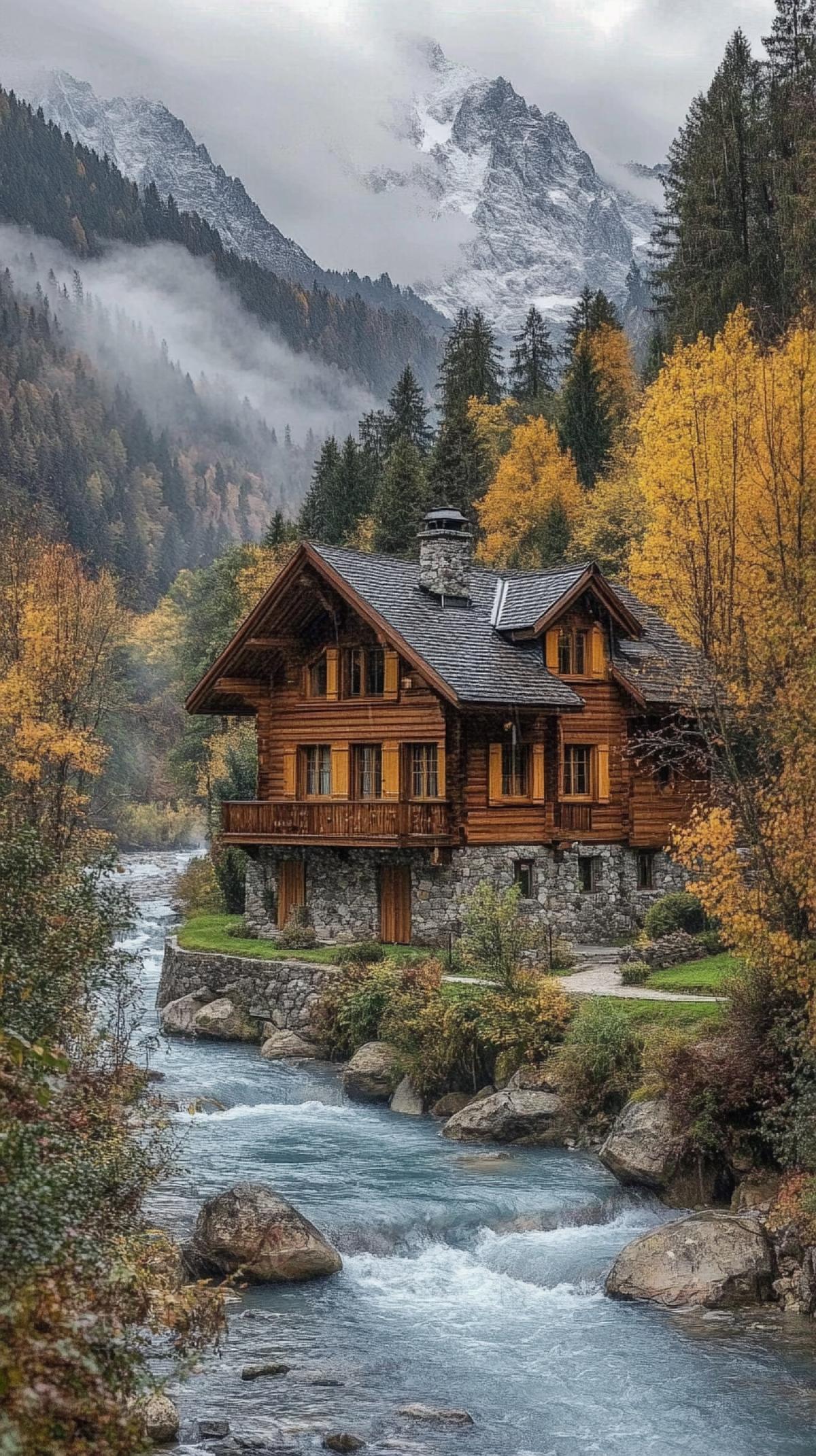 breathtaking autumn majestic mountains, morning fog descends, rainy sky, fast clear blue mountain river, beautiful wooden house, sharp focus, intricate details, HDR, high detail