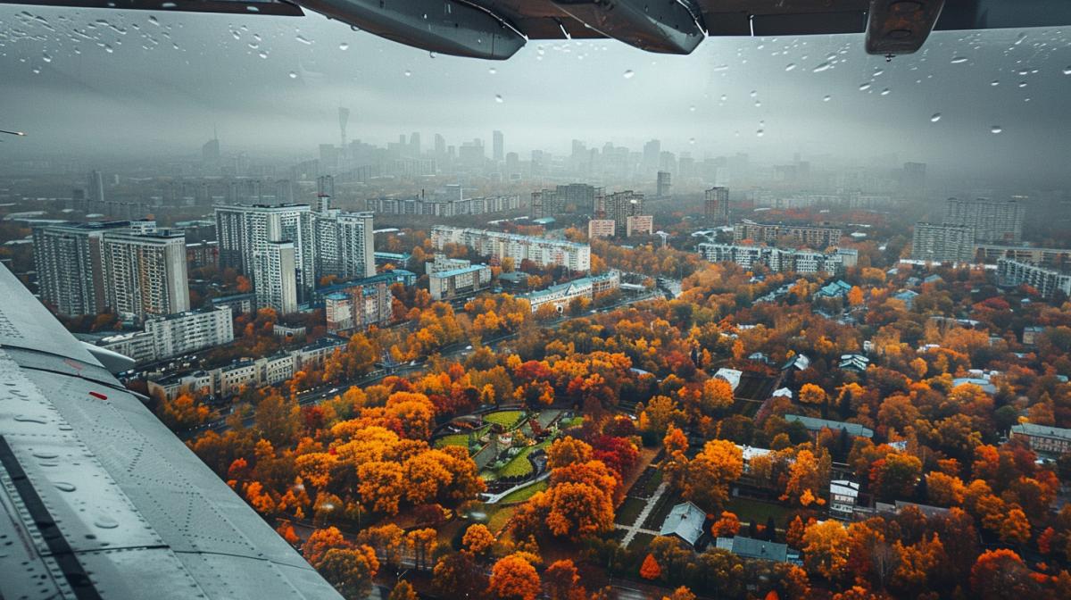 View from under the wing of an airplane: a rainy Russian cityscape, drowning in the beauty of autumn colors. Maximum options: streets, parks and buildings surrounded by gold, red and orange leaves, reflecting the mood of autumn, 4K quality photos