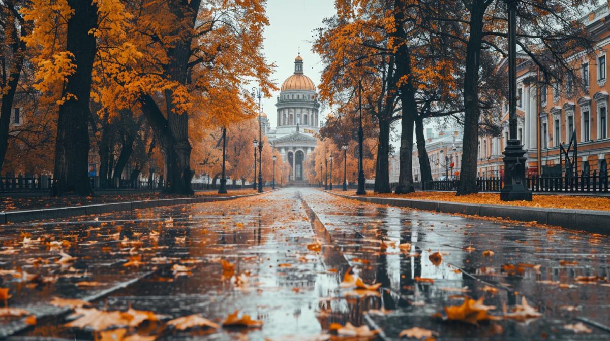 St. Petersburg Admiralty rainy Russian cityscape, immersed in the beauty of autumn colors. Maximum options: streets, parks and buildings surrounded by gold, red and orange leaves, reflecting the mood of autumn, 4K quality photos