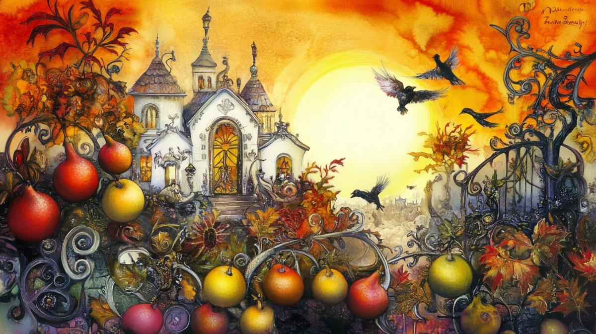 A surreal com4k of an old white house surrounded by fruit and flowers, with the setting sun in the background, in the style of Daniel Merriam, Josephine Wall and Zdzislaw Beksiński. The stage is decorated with intricate patterns and fantastic elements: birds flying in the air carry big fruits, creating a fairy-tale atmosphere. At one end of the painting stands a large ornate gate, symbolizing the entrance to another world filled with vibrant colors and mystical creatures.