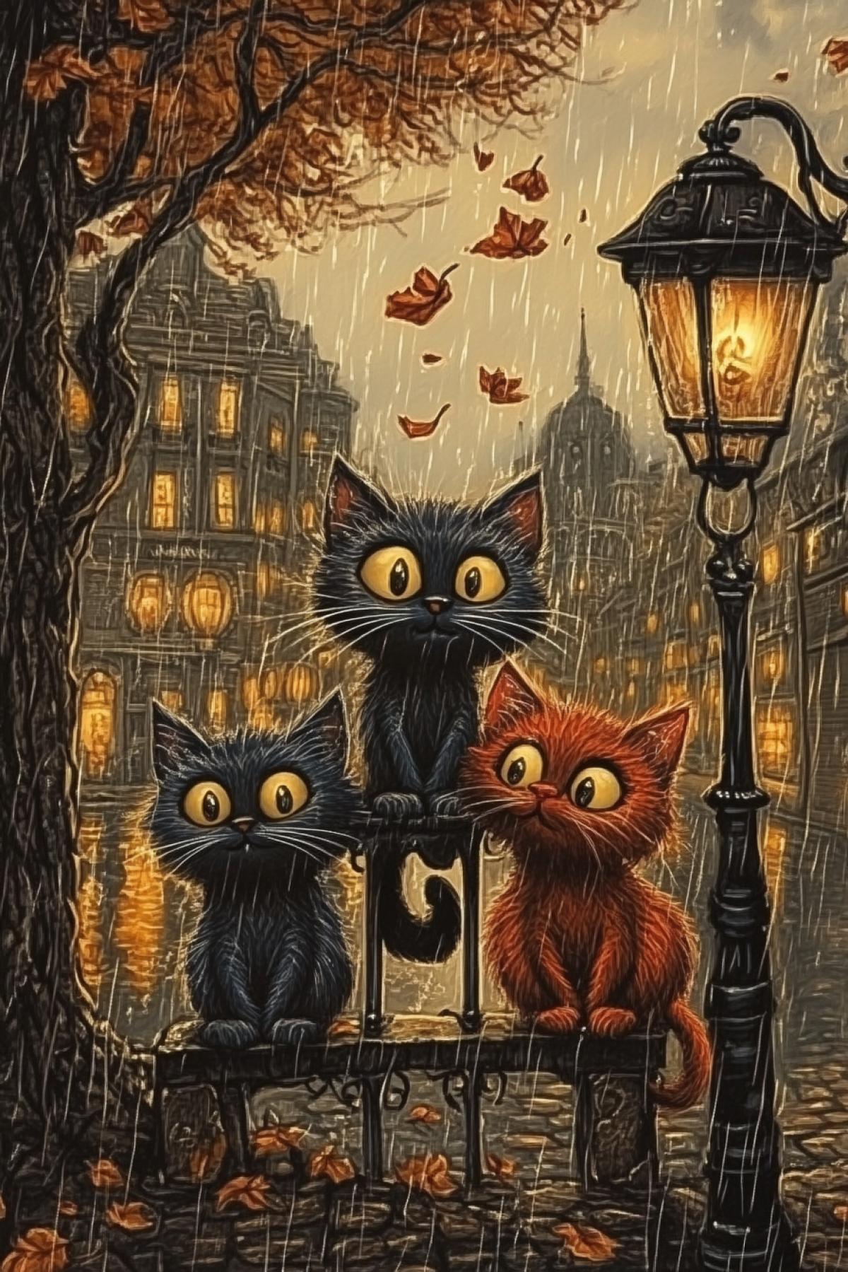 Three dark and two red cats on autumn trees in the city, cartoonish, bent lanterns, rain, cats watching autumn leaves fly around