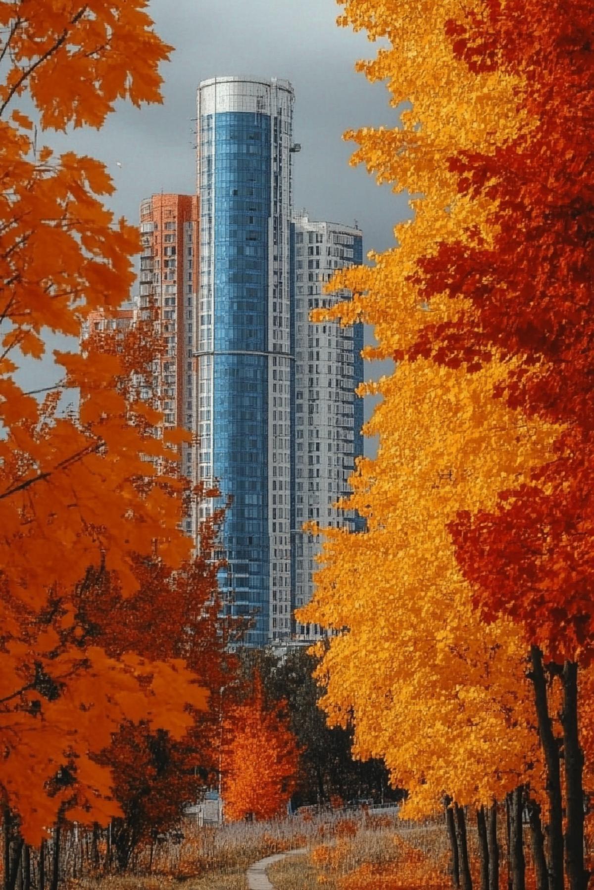 The city in autumn, modern city buildings surrounded by alleys, where trees are in autumn decoration, the sky background is a circular star trajectory