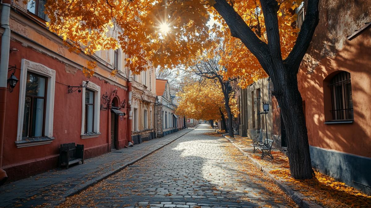 Autumn view on the streets of the historical city. With gilded autumn trees and plantings