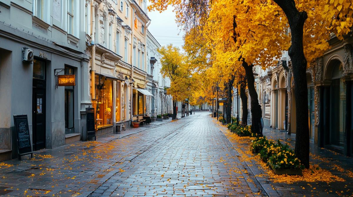 Autumn view on the streets of the historical city. With gilded autumn trees and plantings