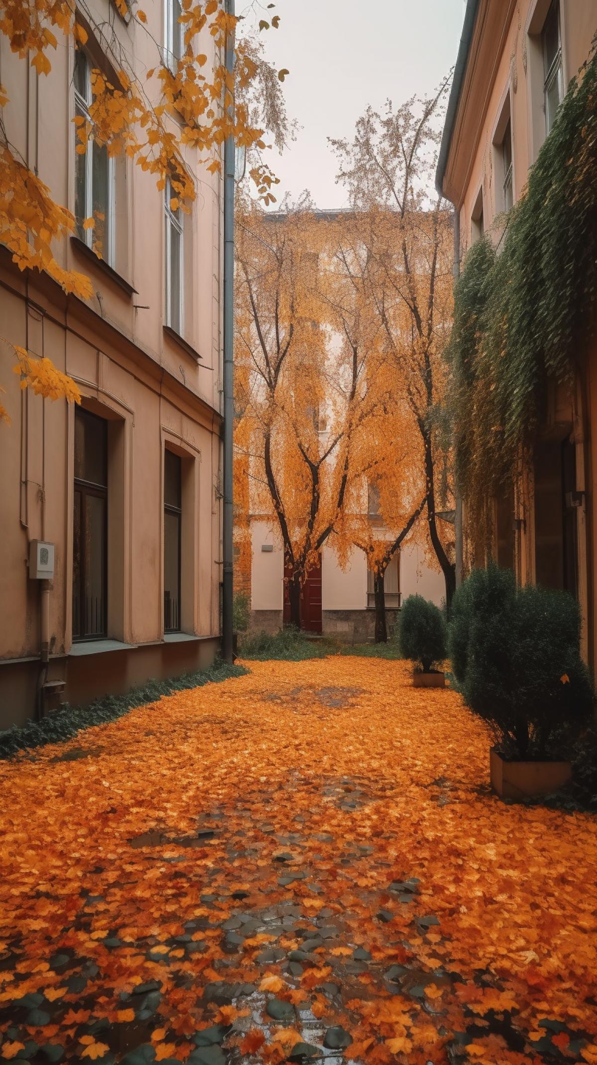 Autumn leaves fly abundantly from the trees on the street of the old courtyard