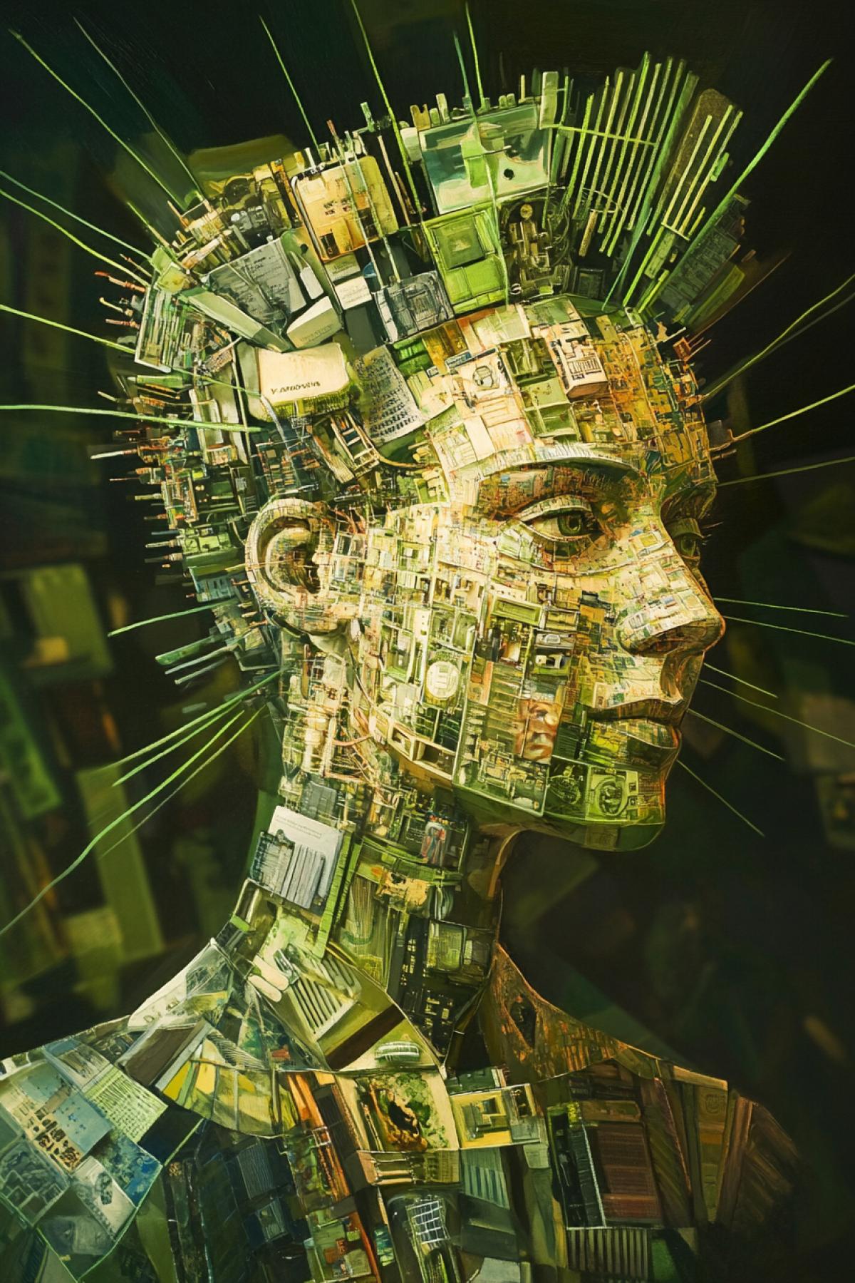 Giuseppe arcimboldos art the information technology specialists portrait made of microelectronic details processors hard discs calculators smartphones bound with light green invisible lines of world wide web Giuseppe Arcimboldos art canvas oil
